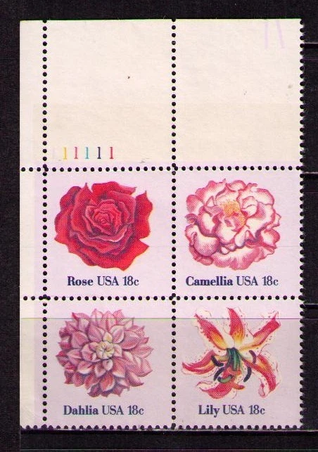 US USA Sc# 1879a MNH FVF PL# BLOCK Flowers Rose Camellia Dahlia Lily - Image 1 of 1