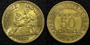 FRANCE Aluminum-Bronze 1921 50 Centimes KEY DATE HIGH GRADE KM# 884 (24 171) - Picture 1 of 3
