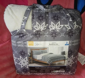 new Mainstays 3-Piece Adult Quilt Set, Gray Fair Isle, Full/Queen And Tote Bag - Picture 1 of 13