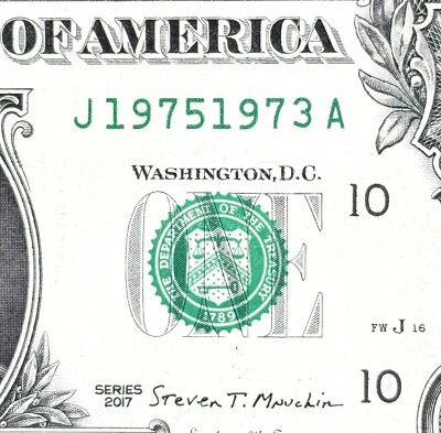 1975 1973 Dollar Dual Date Tombstone Dollar Fancy Serial Number  J 19751973 A - Image 1 of 3