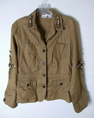 Vintage Together Tan Beaded Woven Cross Applique Safari 100% Cotton Jacket 12 - Image 1 of 4