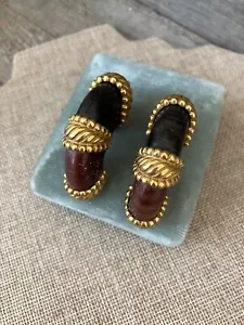 VINTAGE 1980'S DOMINIQUE AURIENTIS GOLD TONE Wooden HALF HOOP EARRINGS - Picture 1 of 7