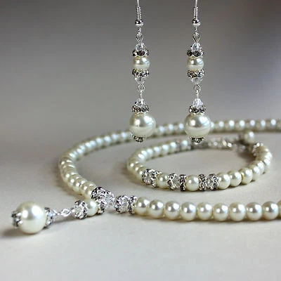 Cream ivory pearl crystal collar necklace bracelet earring wedding jewellery set - Image 1 of 3