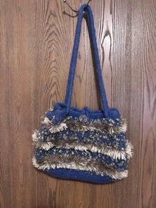 Felt Bag Purse Fringe Wood Button Blue Color Handbag Artsy Vibe Boho Retro - Picture 1 of 5