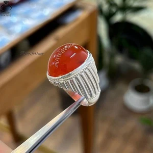 Genuine Red Yemeni Aqeeq Ring Natural Cabochon Agate For Men’s Jewelry - Picture 1 of 5