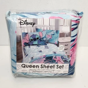 Disney Lilo & Stitch NWT Queen Sheet Set Floral Fun 4 Piece Super Soft Blue Pink - Picture 1 of 10
