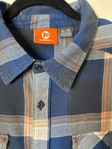 Merrell Men XL Flannel Button Down Shirt Blue Orange Plaid Cotton Long Sleeve - Picture 1 of 8