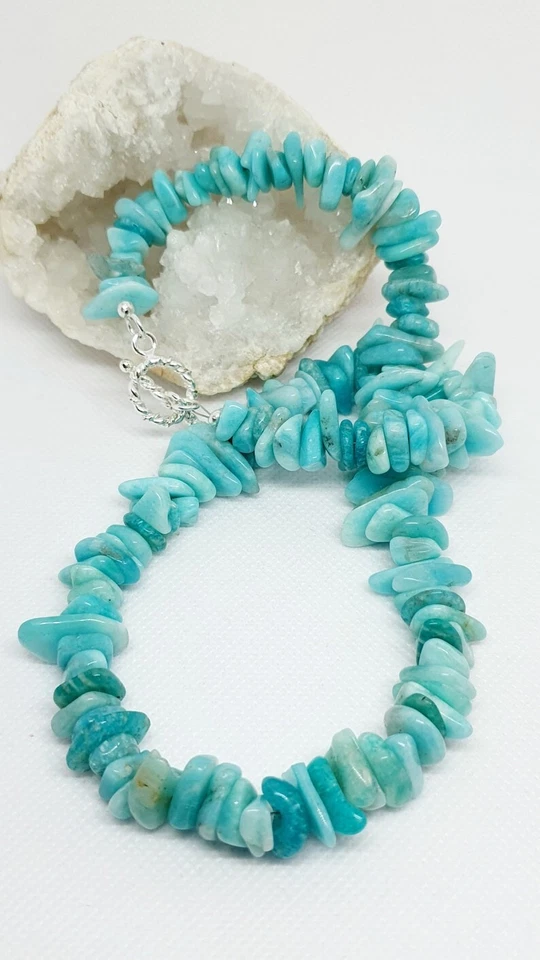 Collares de piedras preciosas nature amazonita lisas sin cortar con astillas hechos a mano para mujer de 18"" Foto 1 de 4