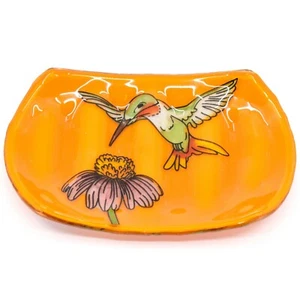Jabonera naranja diseño colibrí de vidrio artístico fundido hecha a mano Ecuador - Imagen 1 de 4