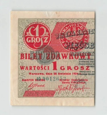 POLAND 1 Grosz 1924, P-42a, Left Half, Overprinted Type, Original About UNC.  B7 - Image 1 of 2
