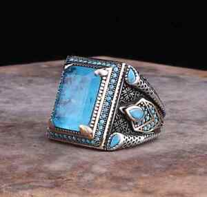 Blue Tourmaline Mens Ring 925 Sterling Silver Turkish Handmade Jewelry All Size