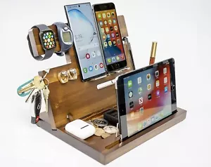 DESKONIZER Wooden Docking Stand for Cell Phone Gift Idea Gadgets Key Ring Watch - Picture 1 of 12