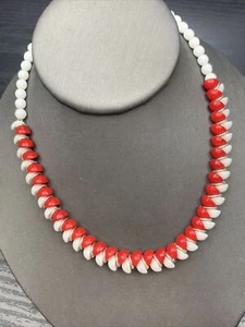 Vintage 1950’s Unusual Red White Milk Glass Beaded Necklace 16” Hook Clasp - Picture 1 of 9