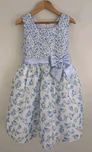 Jona Michelle Girls Dress Special Occasion Blue Floral Satin Bow Size 5 Easter - Picture 1 of 11