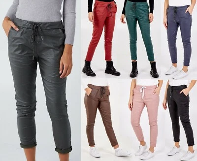 Italian Wet Look Ladies Women Leather Magic Pants Joggers Trousers UK Size 10-20 - Image 1 of 4