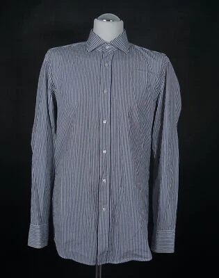 HUGO BOSS Business Camicia KW41 L Bianco Nero a Righe Manica Colletto Squalo B79 - Immagine 1 di 4