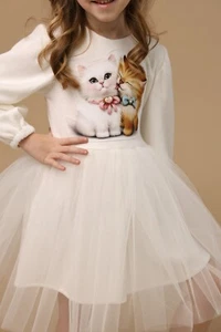Children's dress for a girl, white with a cat 3 - 7 years size 110cm, 116cm, 122 - Picture 1 of 5