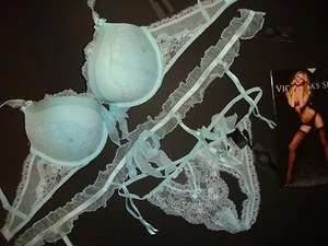 Victoria's Secret Designer Collection 36C BRA SET+GARTER aqua BLUE ruffle lace - Picture 1 of 8