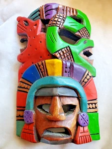 Tiki Mayan Aztec Hand Carved 8" Wood Serpent Jaguar Head Sculpture Mexican Art - Picture 1 of 5