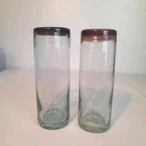 Bicchieri in vetro alto messicano soffiato a mano bordo marrone 14 oz set di 2 - Foto 1 di 15