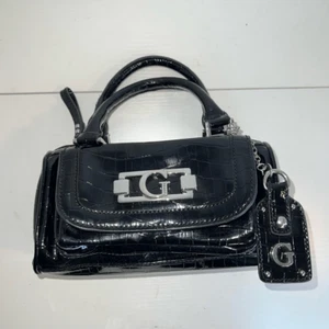 Vintage Guess Small Patent Black Handbag Faux Leather Top Handle Compartmental - Picture 1 of 10