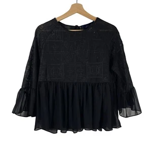 Top para mujer Blue Rain bordado con volantes peplum negro talla S manga aleteada 3/4 - Imagen 1 de 7