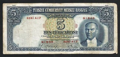 Turkey 5 Lira 1930 (1937), VF- Condition, 2.nd Emission, P-127 - Image 1 of 4