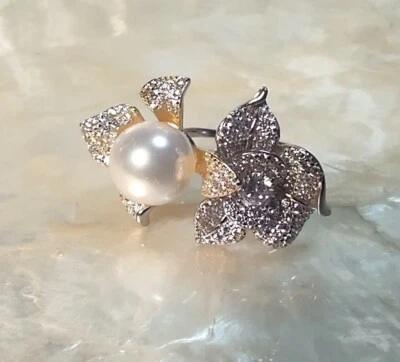Elegant Sterling Silver Vermeil Faux Pearl Crystal Flower Ring Size 7 Adjustable - Image 1 of 4