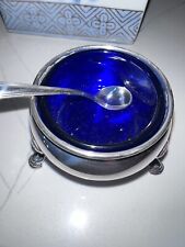 1901 English Sterling Silver Salt Cellar with Cobalt Glass Bowl and Spoon 47g