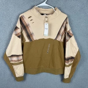 MISS ME Pieced Henley Pullover Sweater Womens Medium M Brown French Terry NWT - Picture 1 of 9