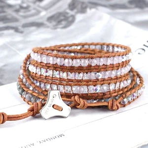 Leather Wrap Bracelet Crystal Stone Beads Handcrafted Bracelet 5 Wrap - Picture 1 of 14
