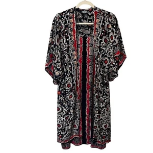 Angie Women's Floral Kimono Duster Topper Black Red Boho 1/2 Sleeve Sz 3X Midi - Picture 1 of 6