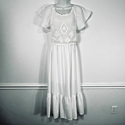 Entro Maxi Crocheted Dress Women's Small White Open Back Ruffle Sleeves Boho - Image 1 of 4