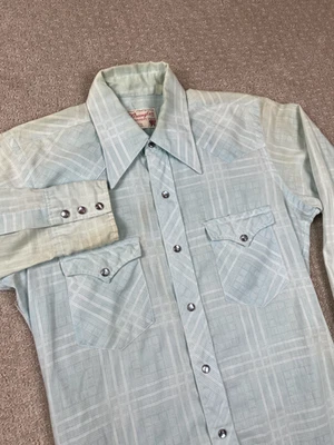 Vintage 60s Wrangler Shirt Mens Small? Blue Permanent Press Single Needle USA - Image 1 of 4