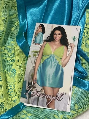 NUEVO Dreamgirls Turquesa Satén Verde Lima Encaje Chemise Y Tanga Bragas 1x/2x Foto 1 de 4