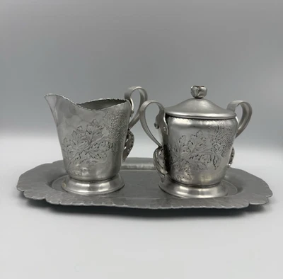 Винтажная кованая металлическая чаша для крема и сахара с крышкой и континентальным лотком No515 - Изображение 1 из 4