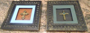 2 Crosses Brass Gold Tone in SHADOW BOXES FRAME under GLASS - Medieval Decor - Bild 1 von 7
