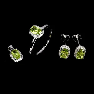 925 Argento Sterling Set Ciondolo Orecchini Anello Antico Peridoto 6x4mm Gemma 7 - Foto 1 di 13