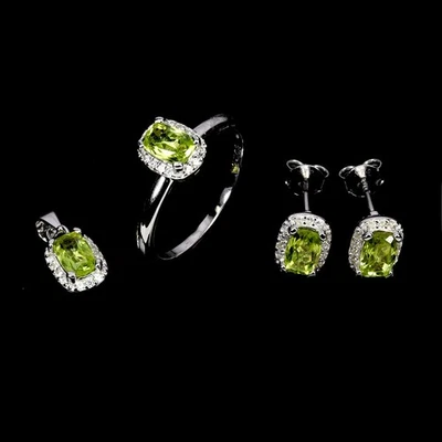 925 Argento Sterling Set Ciondolo Orecchini Anello Antico Peridoto 6x4mm Gemma 7 - Immagine 1 di 4