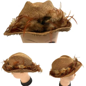 Sombrero Vintage Arpillera Tejido con Plumas Marrón Sombrero Slouch - Imagen 1 de 11