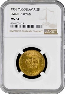 Yugoslavia 2 dinara 1938, NGC MS64 SMALL CROWN, "King Peter II (1934 - 1945)" - Picture 1 of 2