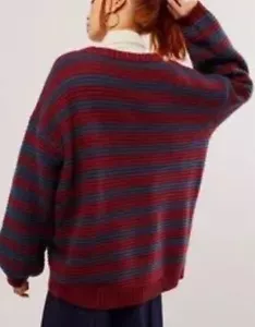 Free People Maglione Links Pullover Navy Mulberry Combo Righe Girocollo Taglia XL - Foto 1 di 7