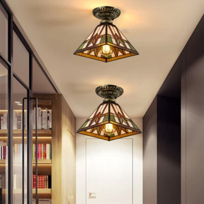 HK Tiffany Ceiling Light Mission Stained Glass Shade Semi Flush Mount Lamp Fixtures
