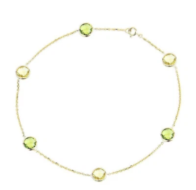14K Yellow Gold Anklet With Peridot And Lemon Quartz Gemstones 9 Inches Foto 1 de 2