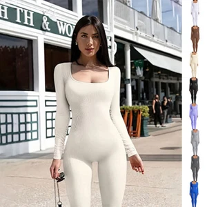 Women's Yoga Bodysuit Long Sleeve Sport OnePiece Jumpsuit Square Collar Clothing - Picture 1 of 11