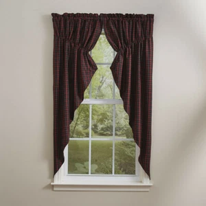 New Primitive Country Cabin Lodge RED BLACK TARTAN PLAID PRAIRIE SWAGS Curtains - Picture 1 of 2