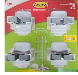 3M Command Adhesive Wall Mounted White Gray Broom Mop Grippers 4 Pk New - Picture 1 of 1