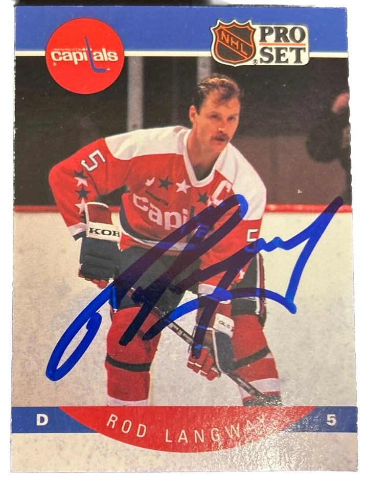 1990 Pro Set Rod Langway on card autographed NHL HOF - Image 1 of 2