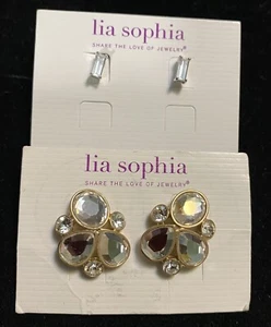 Lot Of 2 Lia Sophia Earrings “Icon” And Crystal Oblong Studs - Picture 1 of 2