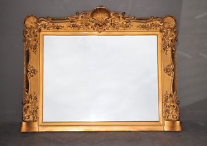 Large Antique French Louis XV gilt wood framed OVERMANTLE MIRROR ornate carved